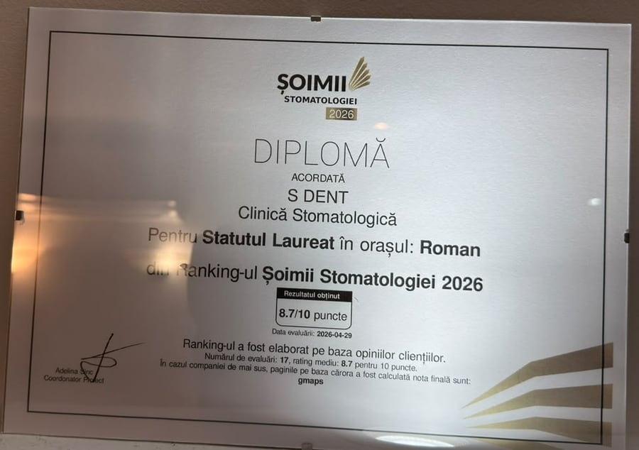 Diploma Șoimii Stomatologiei 2026 pentru statutul de laureat al clinicii S Dent în orașul Roman, 8,7 din 10 puncte