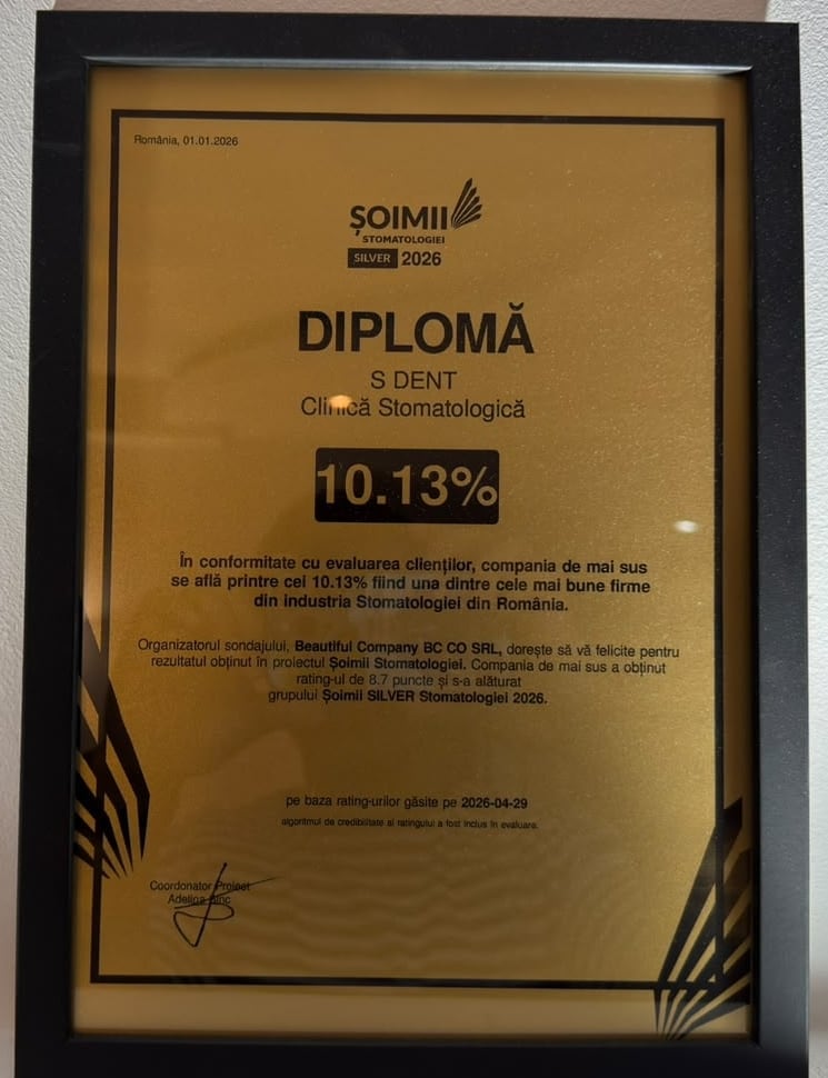 Diploma Șoimii Stomatologiei SILVER 2026: S Dent printre cele mai bine cotate 10,13% clinici stomatologice din România